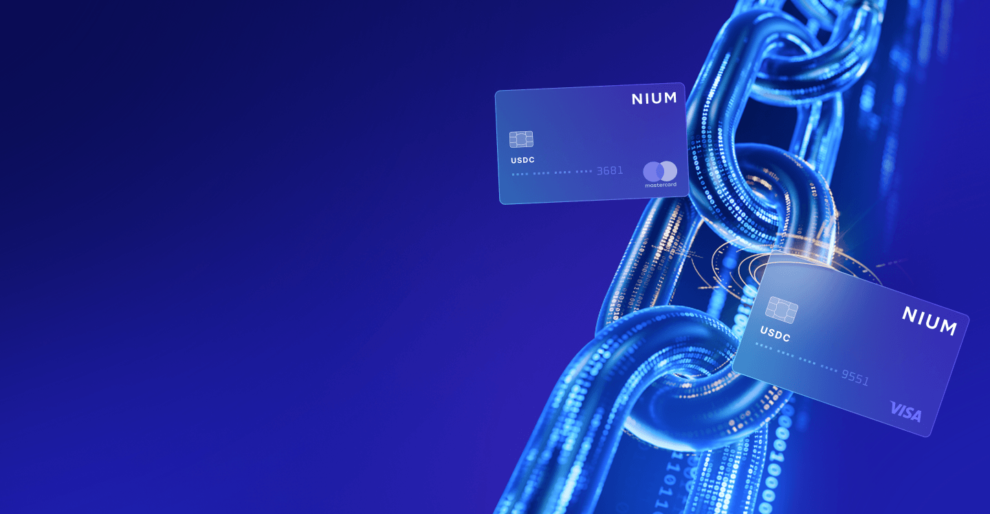 Stablecoin-backed card program showing blockchain infrastructure and card issuing