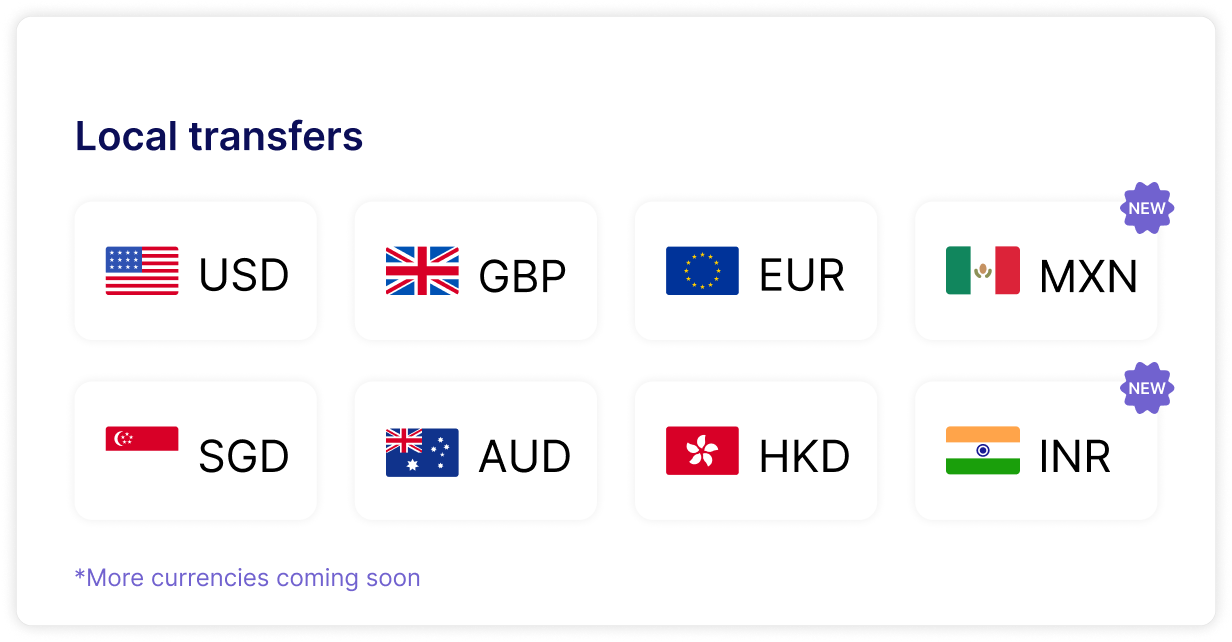 Local currency bank transfer currencies