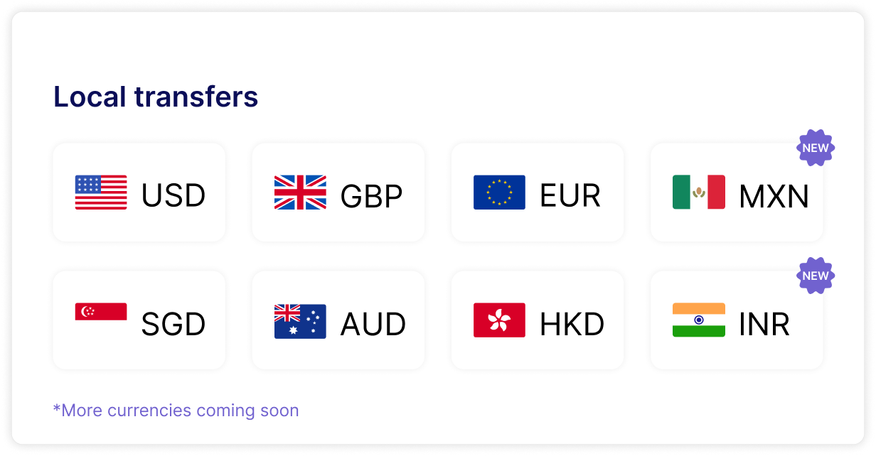 Local currency bank transfer currencies