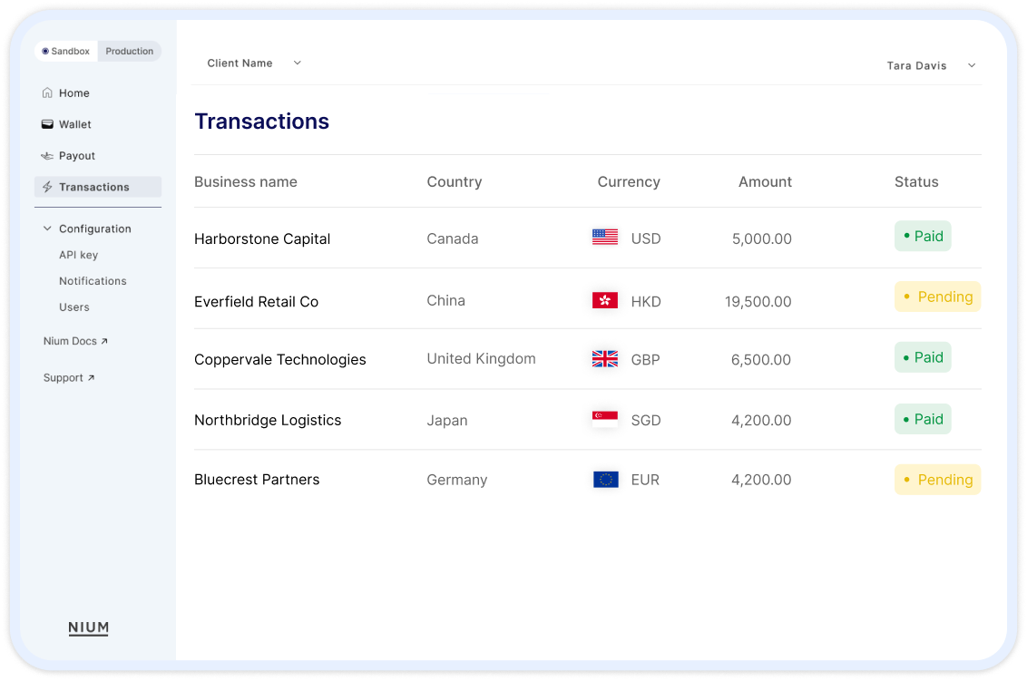 Global cross-border payment accounts dashboard