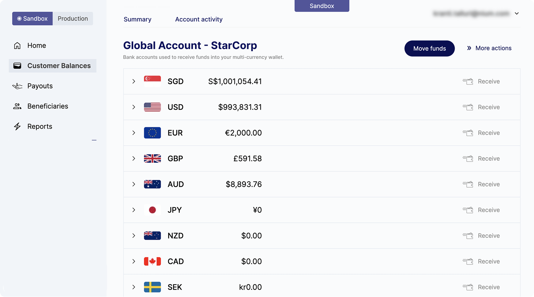 Multi Currency Accounts Dashboard