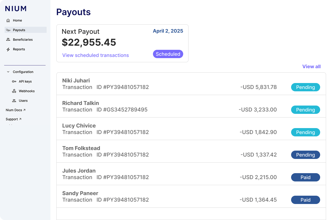 Global cross-border payment accounts dashboard