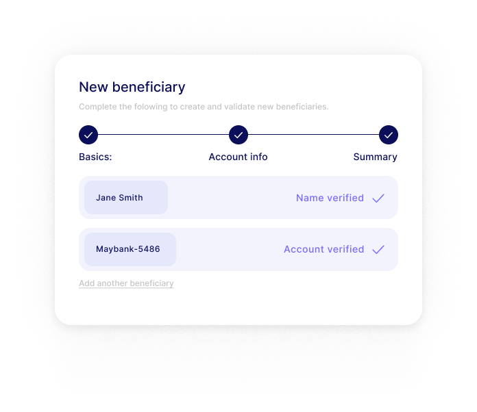 Nium Verify portal showing verified beneficiary name and account details